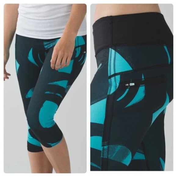 Lululemon Top Speed Crop Leggings Back Spin Stroke Peacock - Picture 1 of 6